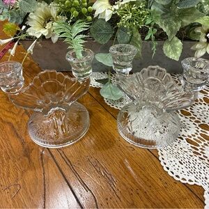 Clear Glass Double Candle Holders - Elegant Floral design set of 2